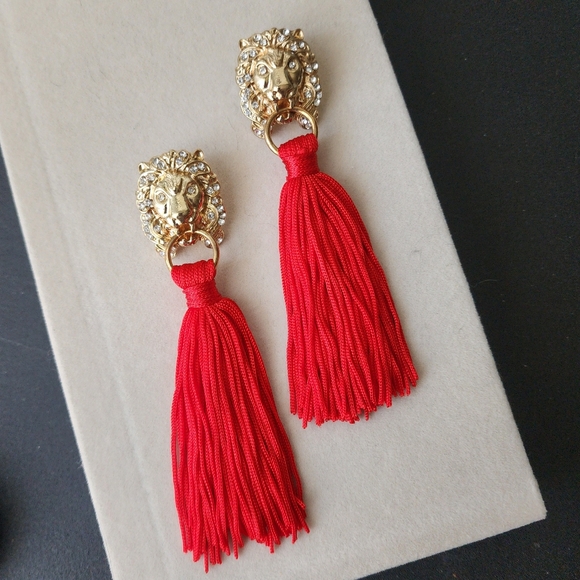 Lux Gold Lion Face Earrings with Red Tassel - Picture 1 of 6